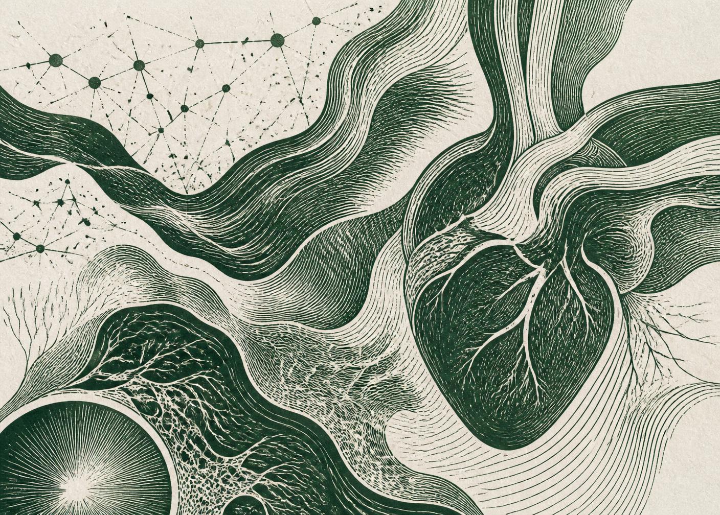 Ilustração em xilogravura de uma paisagem conectada por redes de dados